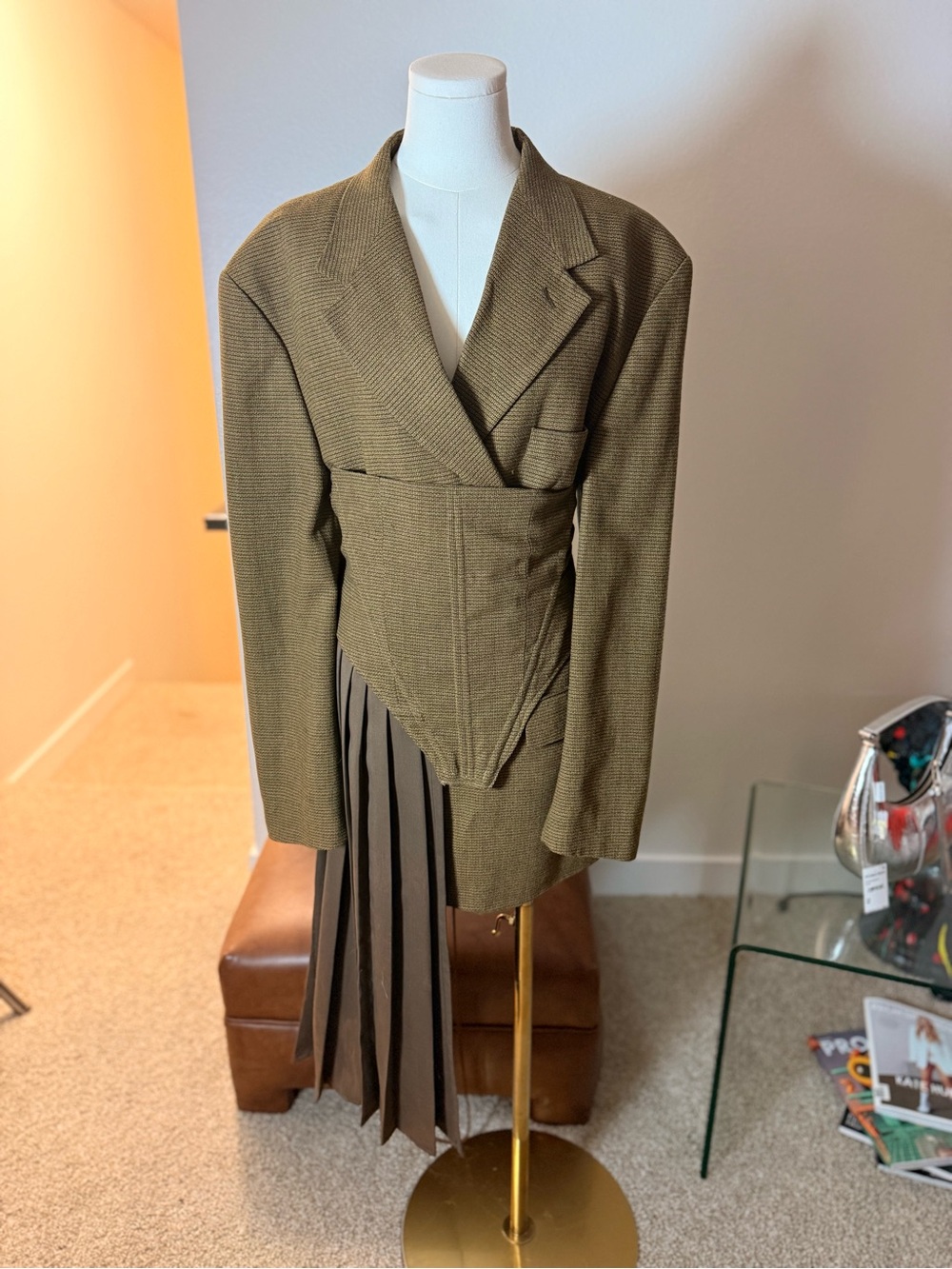 Olive Green Asymmetric Pleated Blazer Jacket